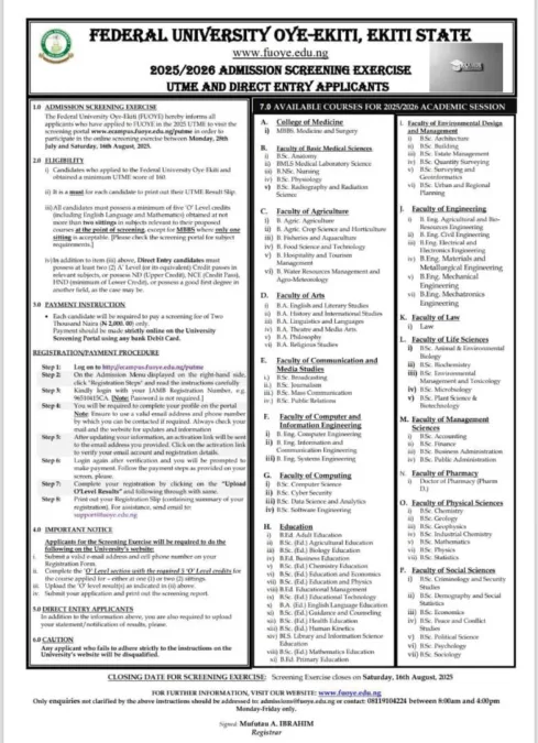 FUOYE Post UTME Form